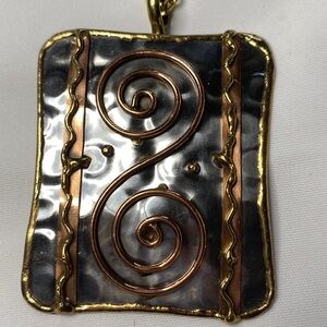 Tri-Tone Spiral Rectangle Pendant Necklace